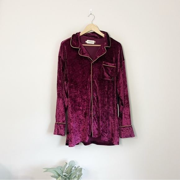 Honor The Gift Tops - [Honor The Gift] Burgundy Crushed Velvet PJ Button Down Long Sleeve Top